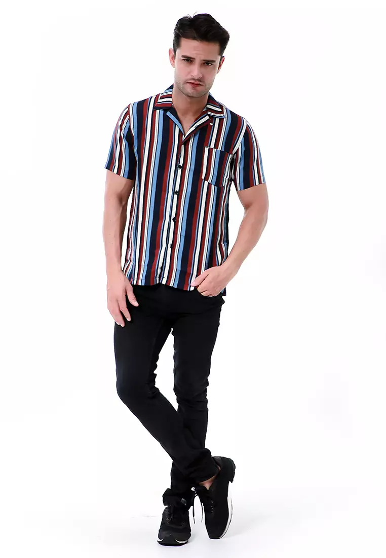 Leopold Atasan Pria Kemeja Motif Salur Lengan Pendek Material Cotton ORIGINAL - Navy Maroon