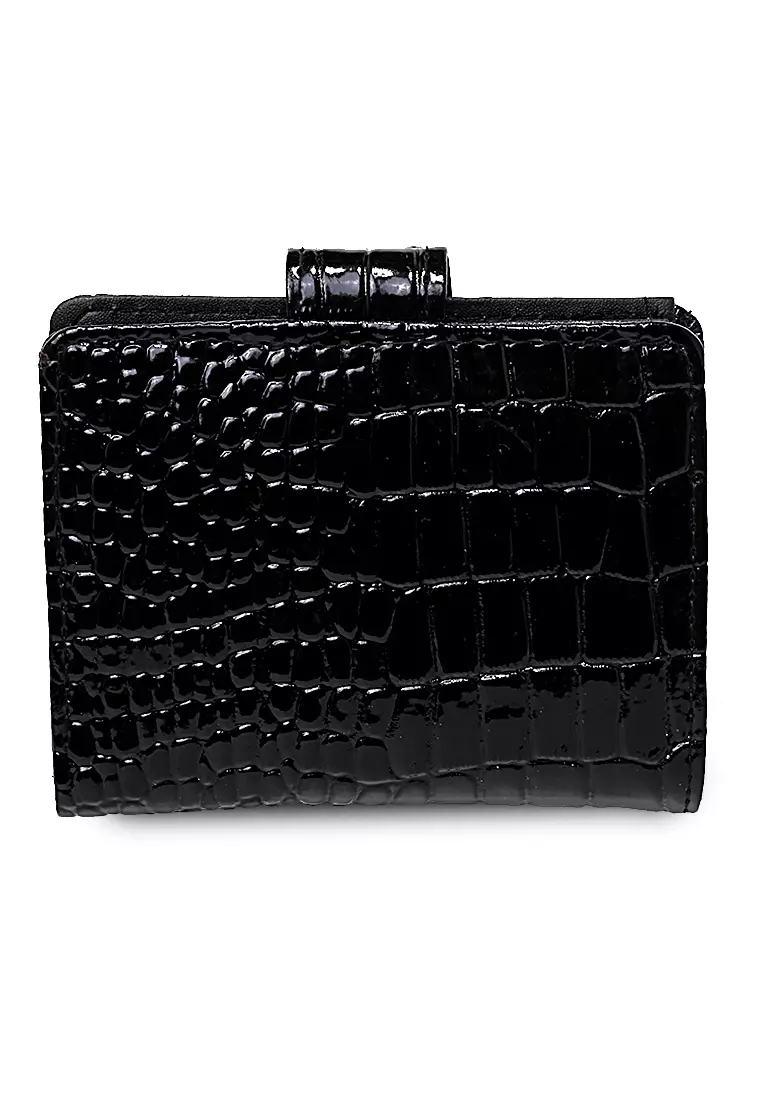 Dompet Kartu Motif Croco Detail Snap Kancing Card Wallet Wanita - Hitam