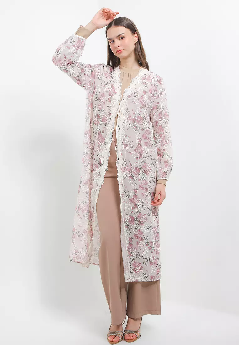 Long Puff Sleeve Lace Trimmed Emb Flo Chiffon Outer
