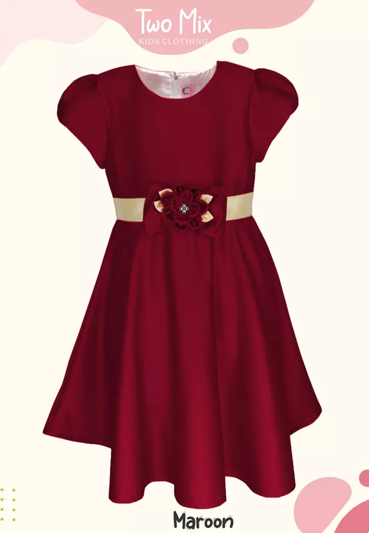 Two Mix Baju Anak Perempuan Bahan Satin - Dres Anak Perempuan Fashion Usia 1-12 Tahun 4242 Maroon