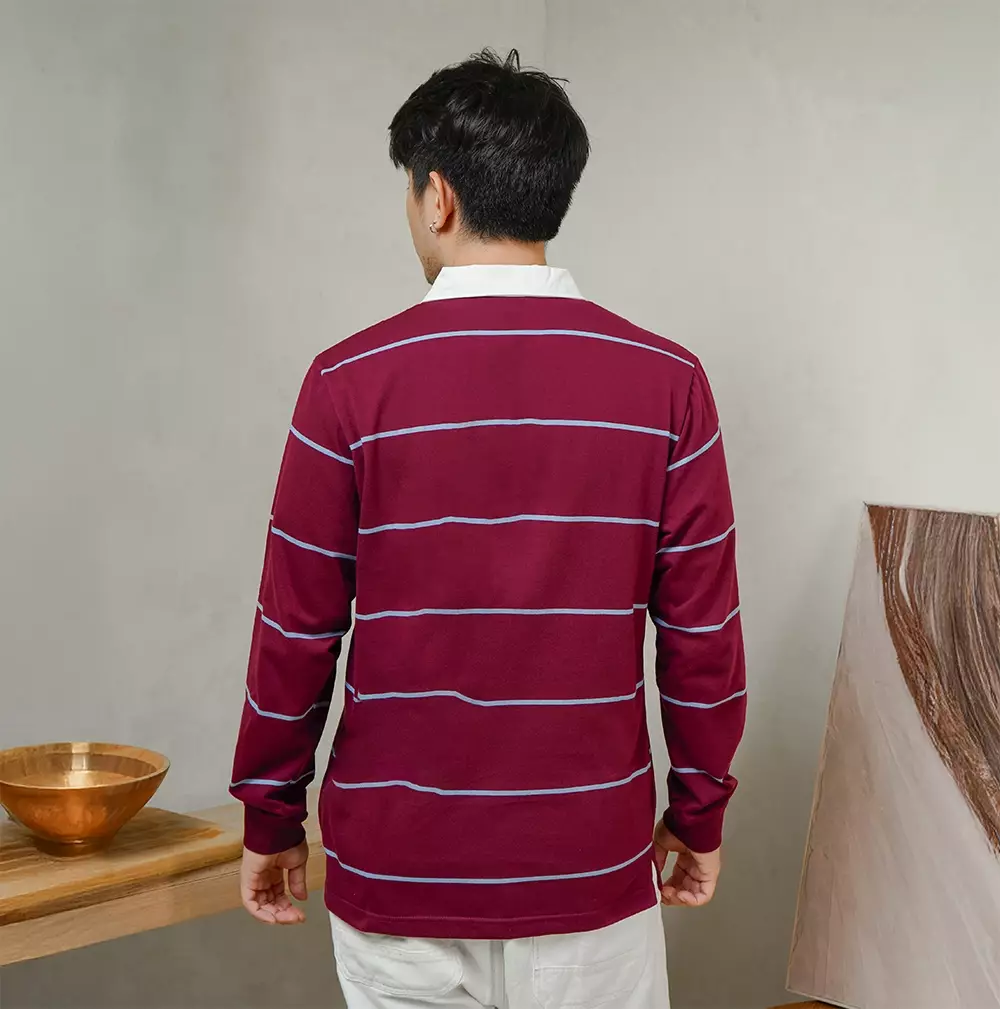 Matsuda Kaos Rugby Polo Shirt Katun Pria Lengan Panjang Tsuyama Burgundy