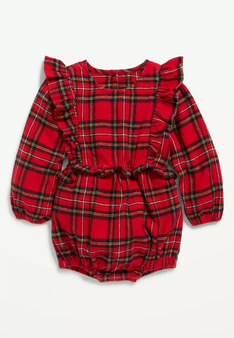 Buy Old Navy Long-Sleeve Ruffle-Trim Plaid One-Piece Romper For