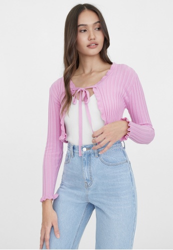 Buy Pomelo Frill Hem Front Tie Cardigan Pink Online Zalora Singapore
