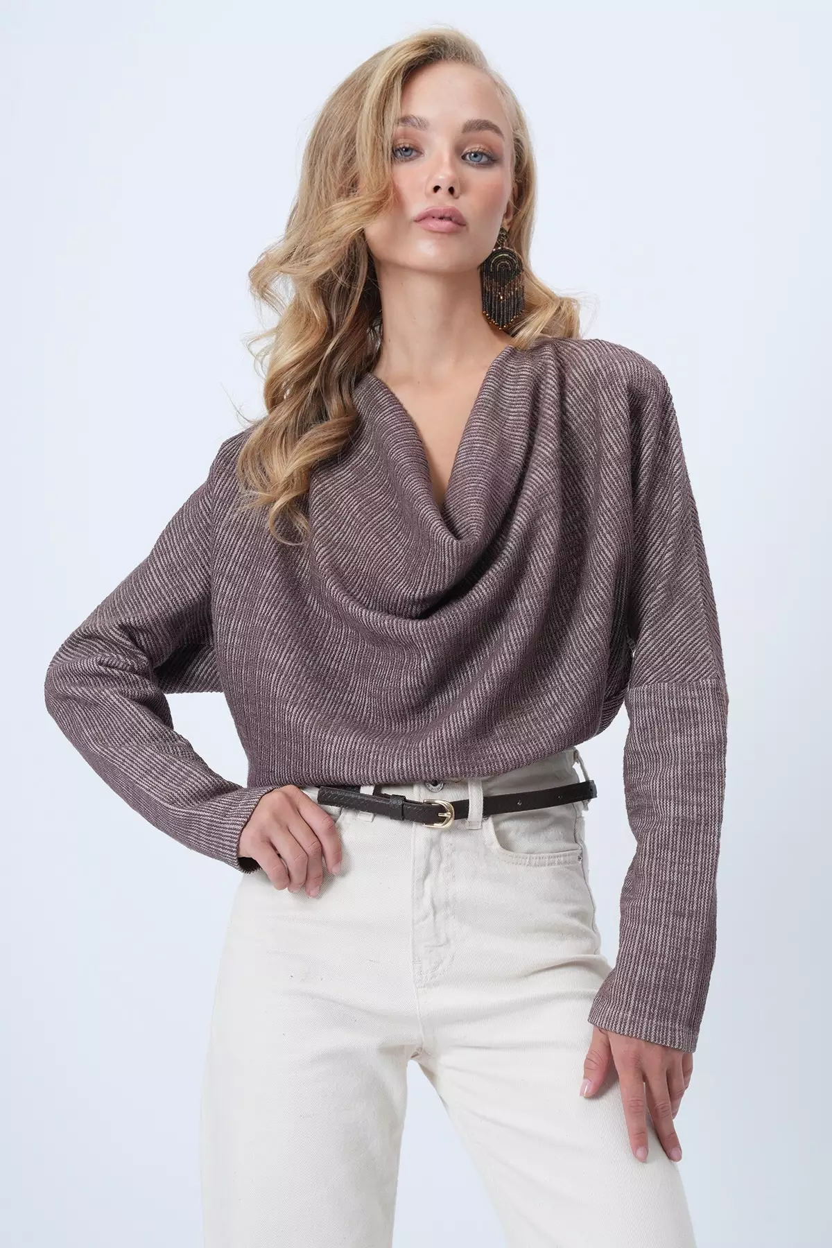 Women's Brown Cowl Collar Wide Cut Knitted Blouse Alc-X13126