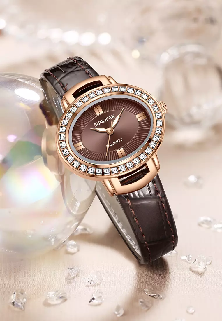 Jam Tangan Wanita Original Korea Kuarsa Antik Tali Kulit Kasual Oval Jam Tangan Cewek E052 brown