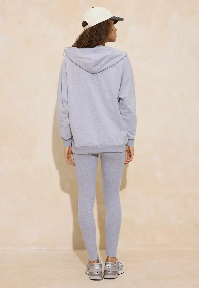 Gray Melange 3-Piece Oversized /Wide Fit Hooded Tights Knitted Bottom - Top Set Twoaw26Au151