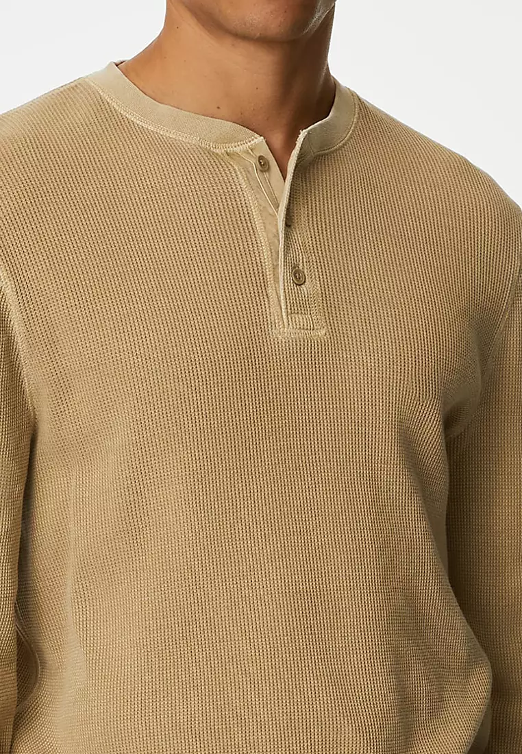 Pure Cotton Waffle Henley Long Sleeve Top