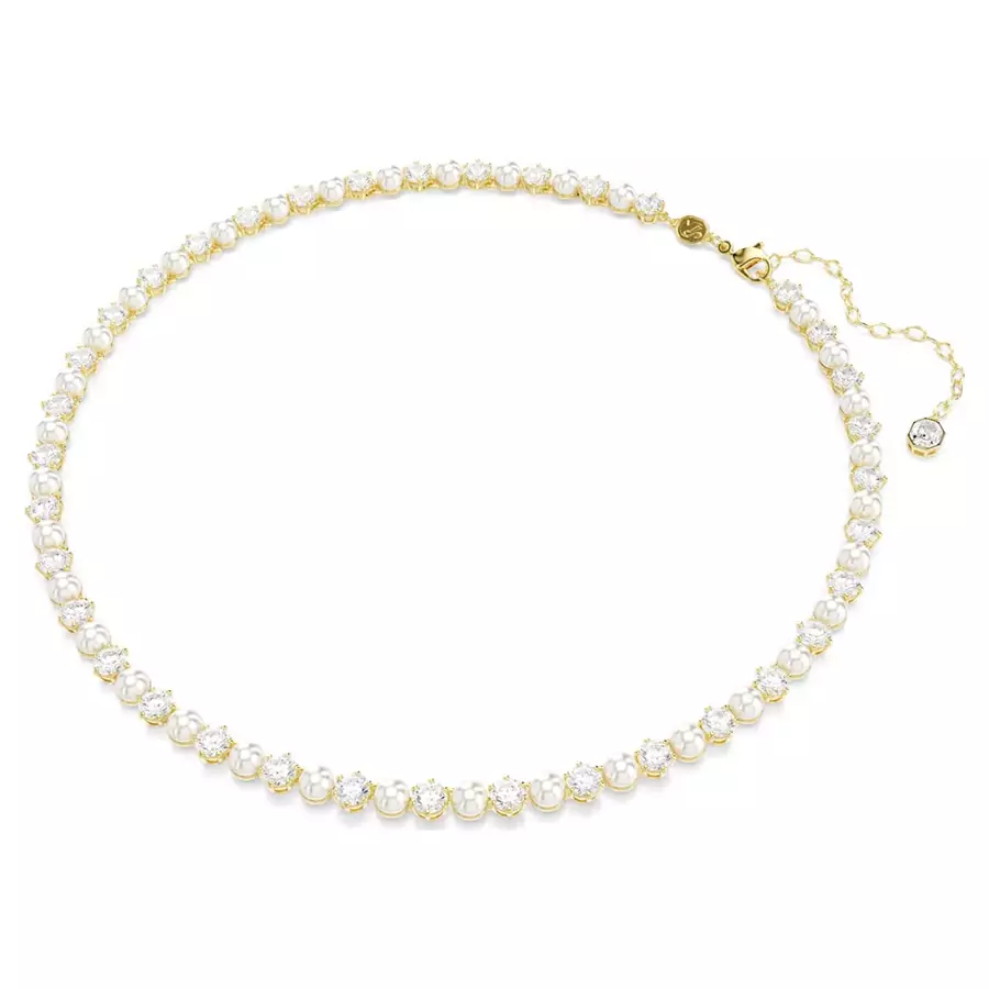Matrix Tennis necklace, Crystal pearl, Round cut, White, Gold-tone plated