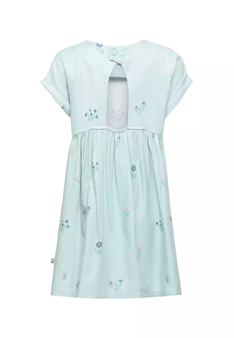 Qna Girl Amarachi Dress Midi Anak Hijau Tosca Motif Bunga