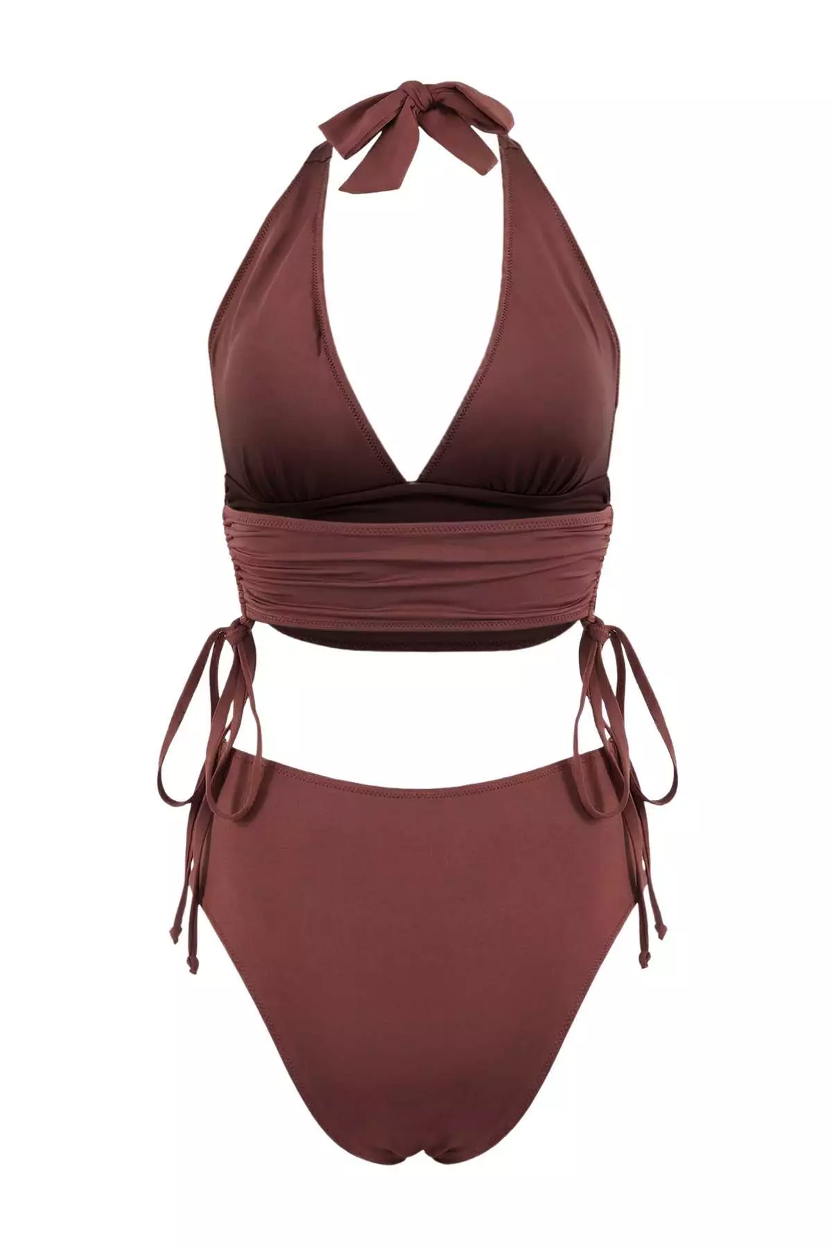 Brown Triangle Covered Draped Adjustable High Waist Regular Bikini Set Tbess26Bt41