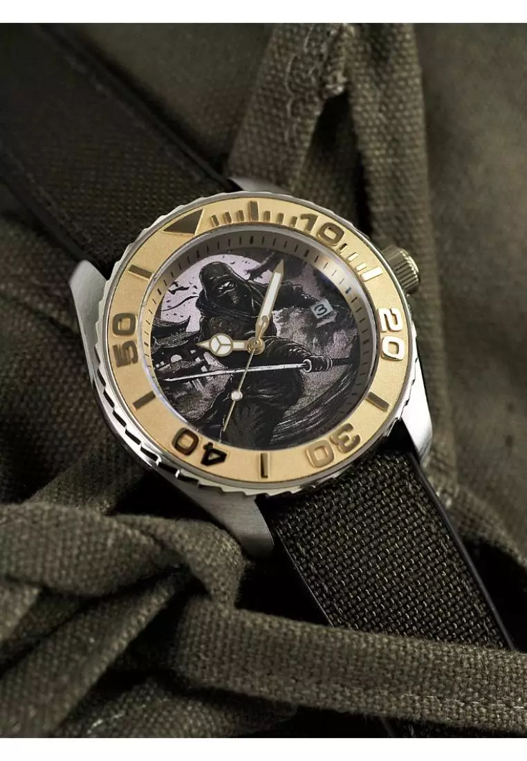 Aries Gold The Mirage Ninja Series Dial Green Fabric Strap Men Watch G 8040 NIN-MIR