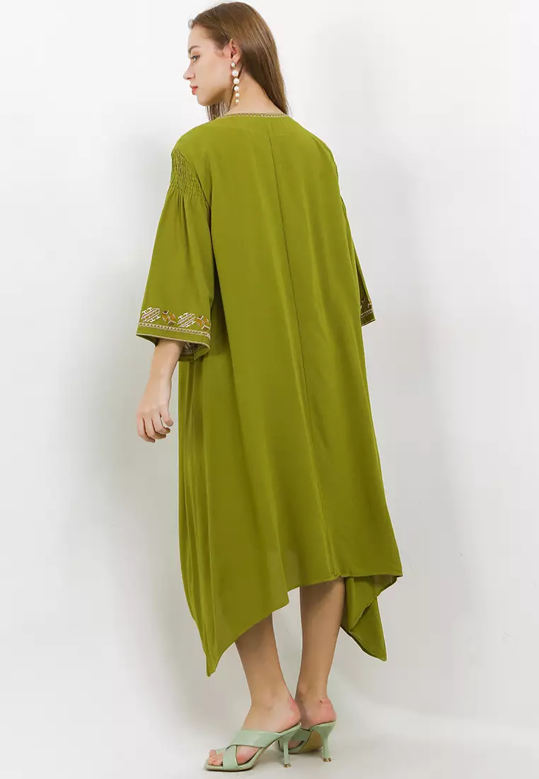 Asym Hem Emb Linen Smocked Detail On Sleeve Tunic