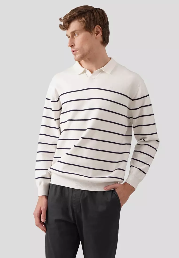 Regular Fit V-Placket Striped Pullover In Flat Knit