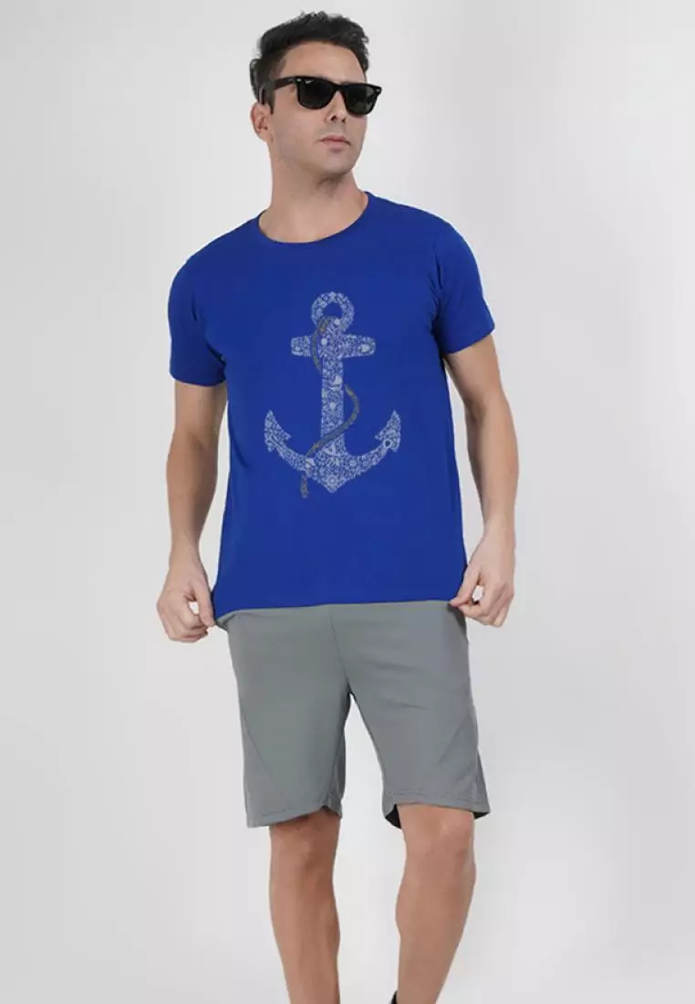 锚印花图案蓝色宽松版型短袖棉质 T 恤/T 恤