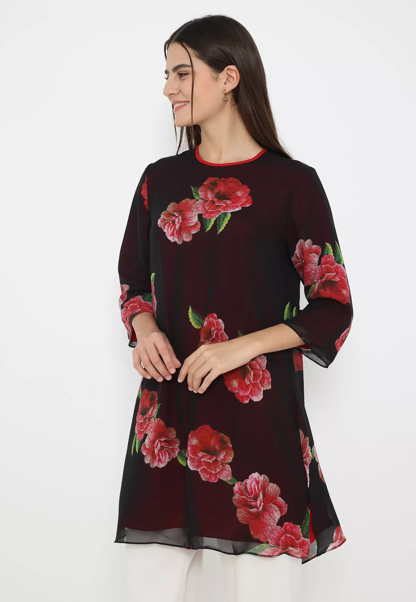 Rose Pattern Mini Dress Chiffon In Black By Brilliant Girl Warna HITAM