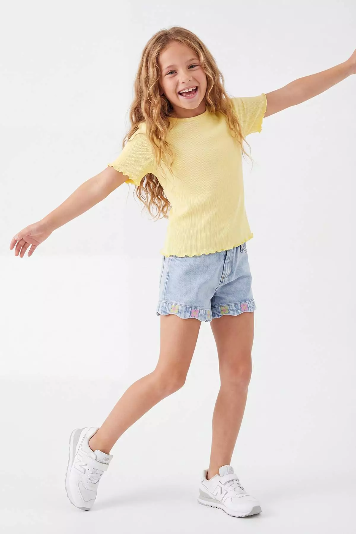 Lilac-Yellow Embroidered Girls' Knitted T-Shirt Tkdss25Ts00027