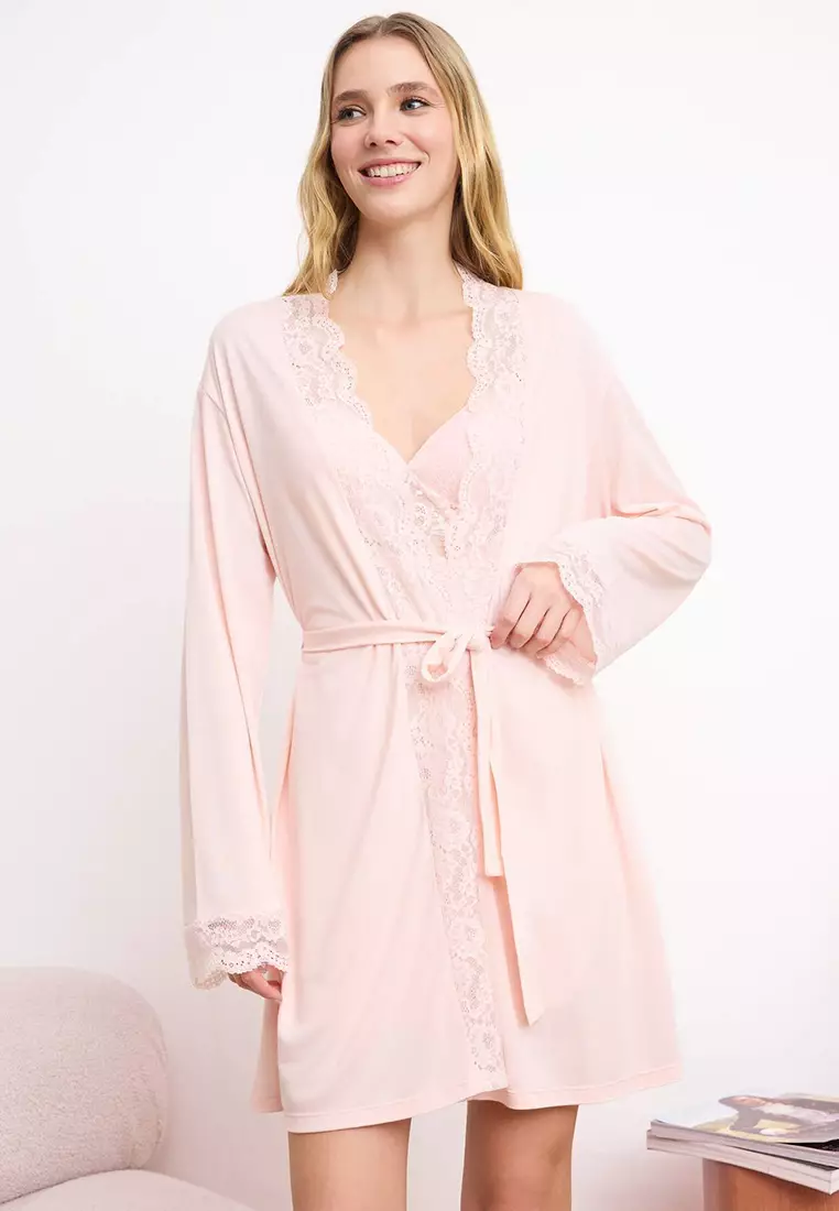 Powder 4-Piece Lace Detailed Dressing Gown + Nightgown + Bralet + Shorts Knitted Pajama Set Thmss26Pt93