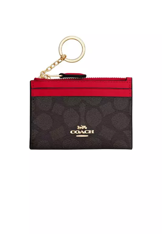 Mini Skinny ID Case In Signature Canvas Walnut/Bold Red CW870