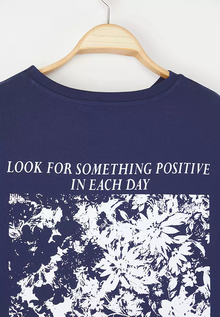 Navy Blue Oversize Fit 100% Cotton Front And Back Printed Knitted Plus Size T-Shirt Tbbss25Bf00002