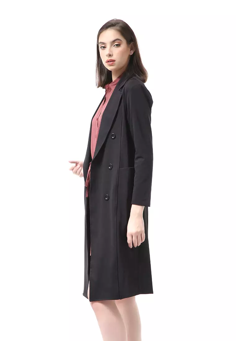 Myra Outerwear Wanita Long Blazer Desain Kancing Plain Motive Material Wedges ORIGINAL - Black