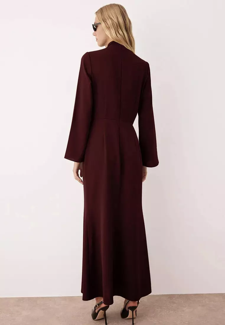Burgundy Drape Detailed Woven Evening Dress Tctaw26Db00000