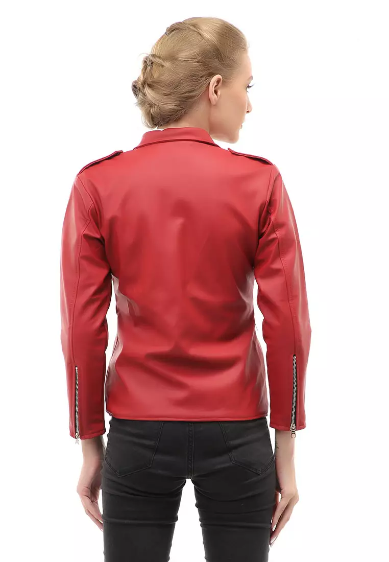 Glenice Jaket Kulit Casual Wanita Windproof Stylish Design Material Leather ORIGINAL - Red