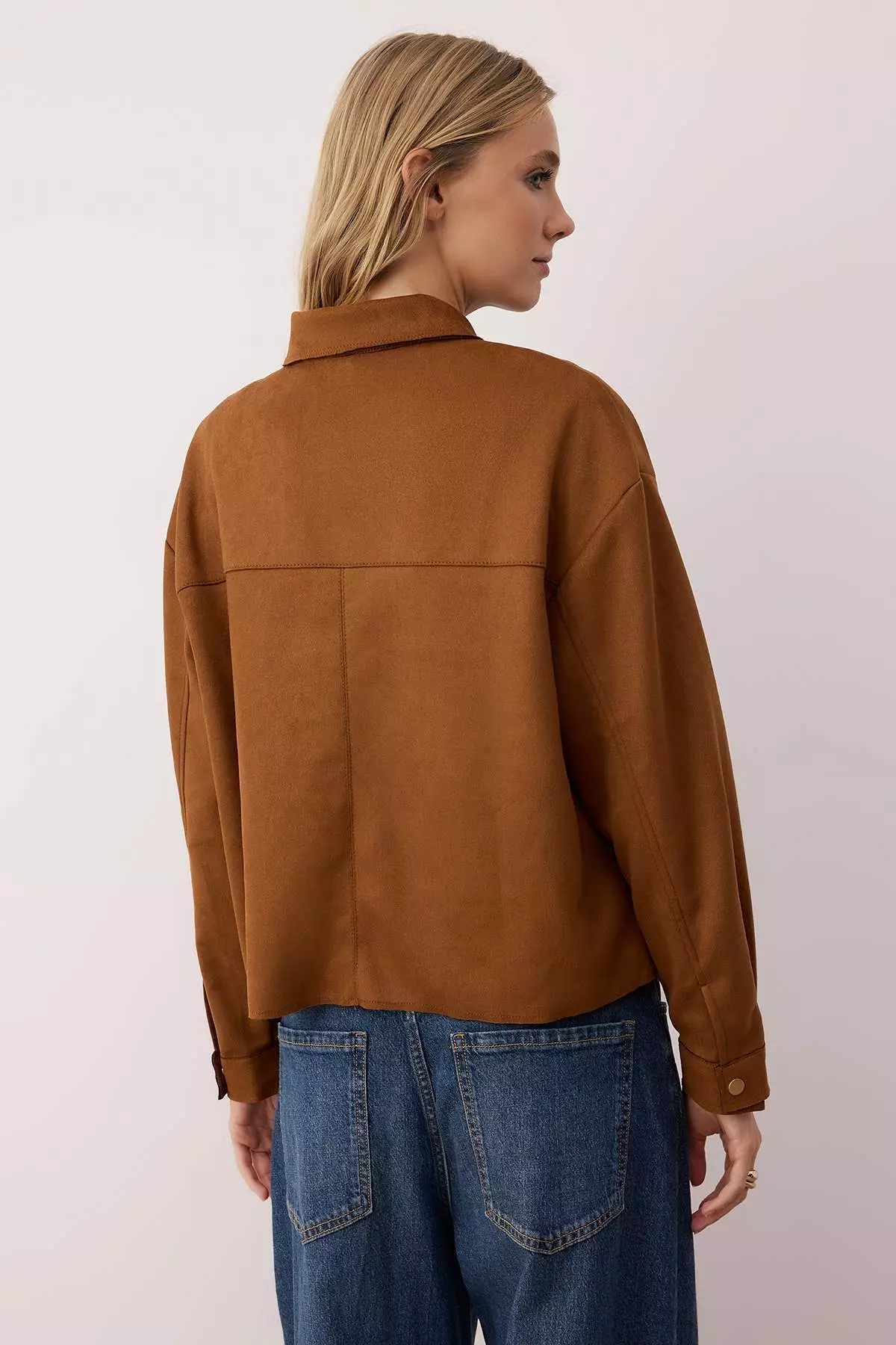 Brown Gold Button Detailed Suede Shirt Jacket