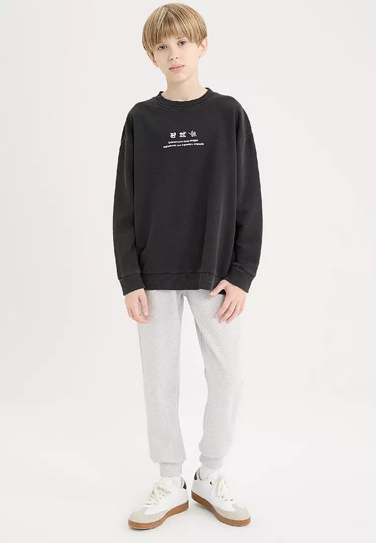 Oversize Wide Cut Crew Neck Back Printed Washed Faded Effect Sweatshirt