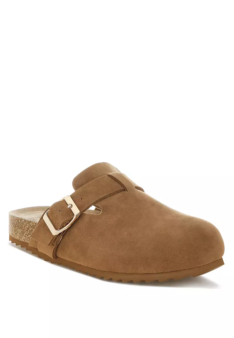 Buckle Accent Slip-On Footbed Mules in Tan