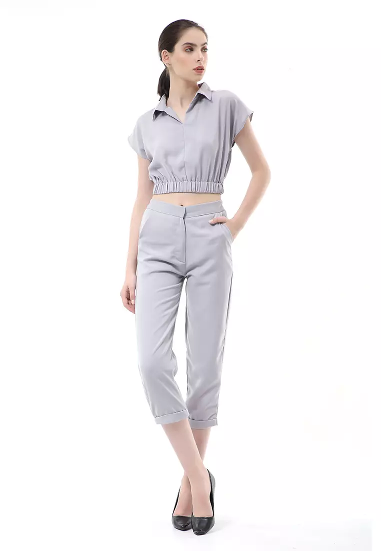 Nayra One Set Setelan Atasan Crop Karet Lengan Pendek Basic Pants Wanita Material Dolce ORIGINAL - Gray