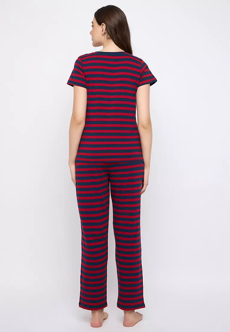 Clovia Striped T-shirt & Pyjama Set in Maroon & Navy Blue - 100% Cotton