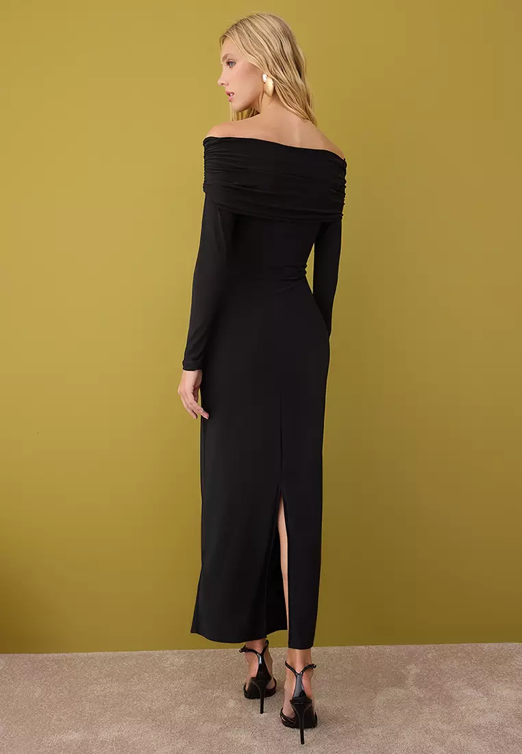 Black Collar Detailed Knitted Midi Unlined Chic/Evening Dress