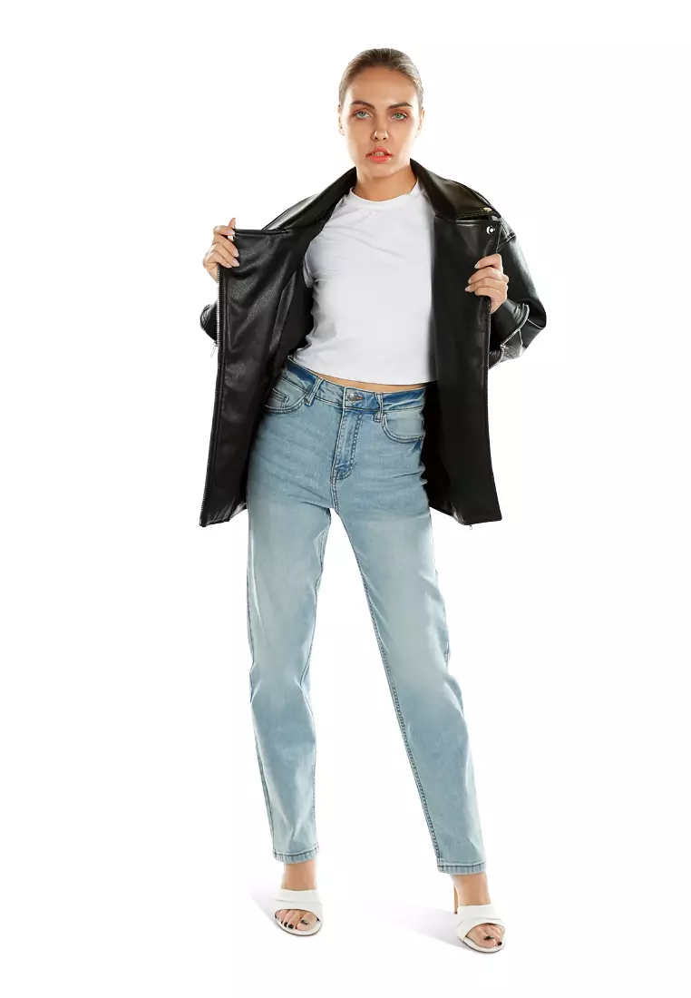 Unisex Belted Oversized Biker Jacket in Black