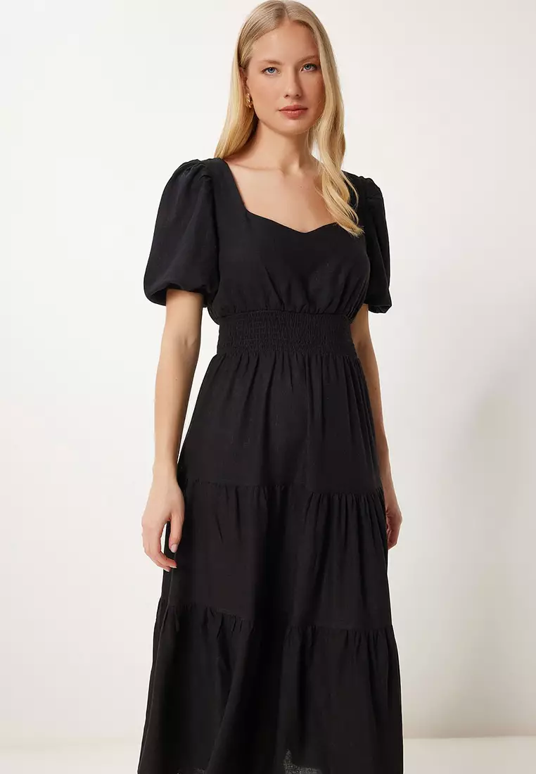 Women's Black Flounced Midi Linen Dress Fk00013