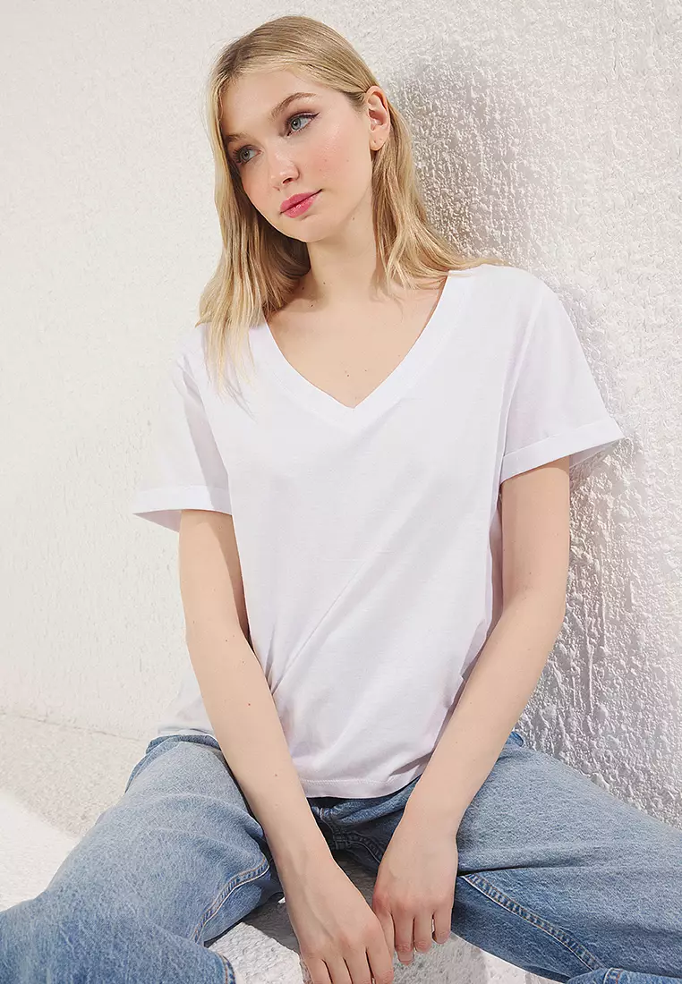White V Neck Short Sleeve Regular/Basic Knitted T-Shirt