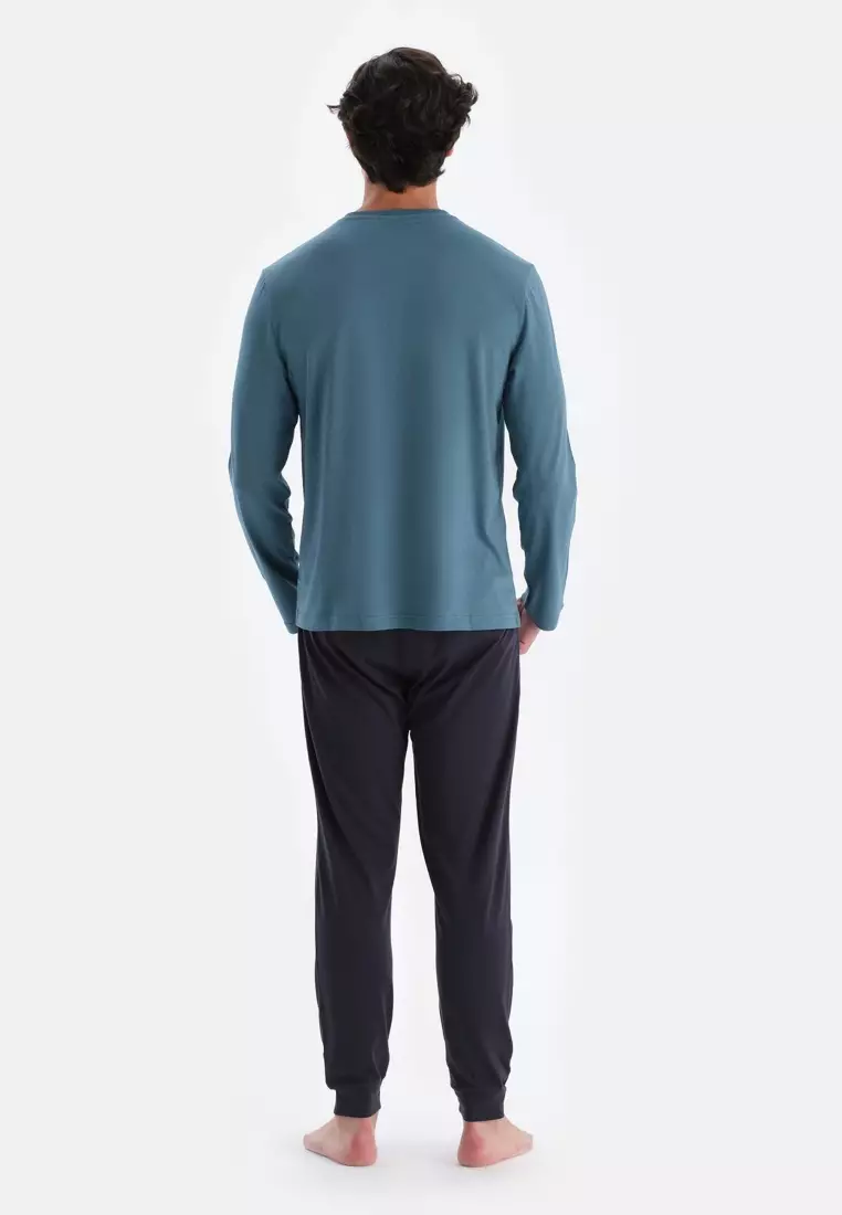 Blue T-Shirt & Trousers Set, Crew Neck, Regular Fit, Long Sleeve Sleepwear for Men