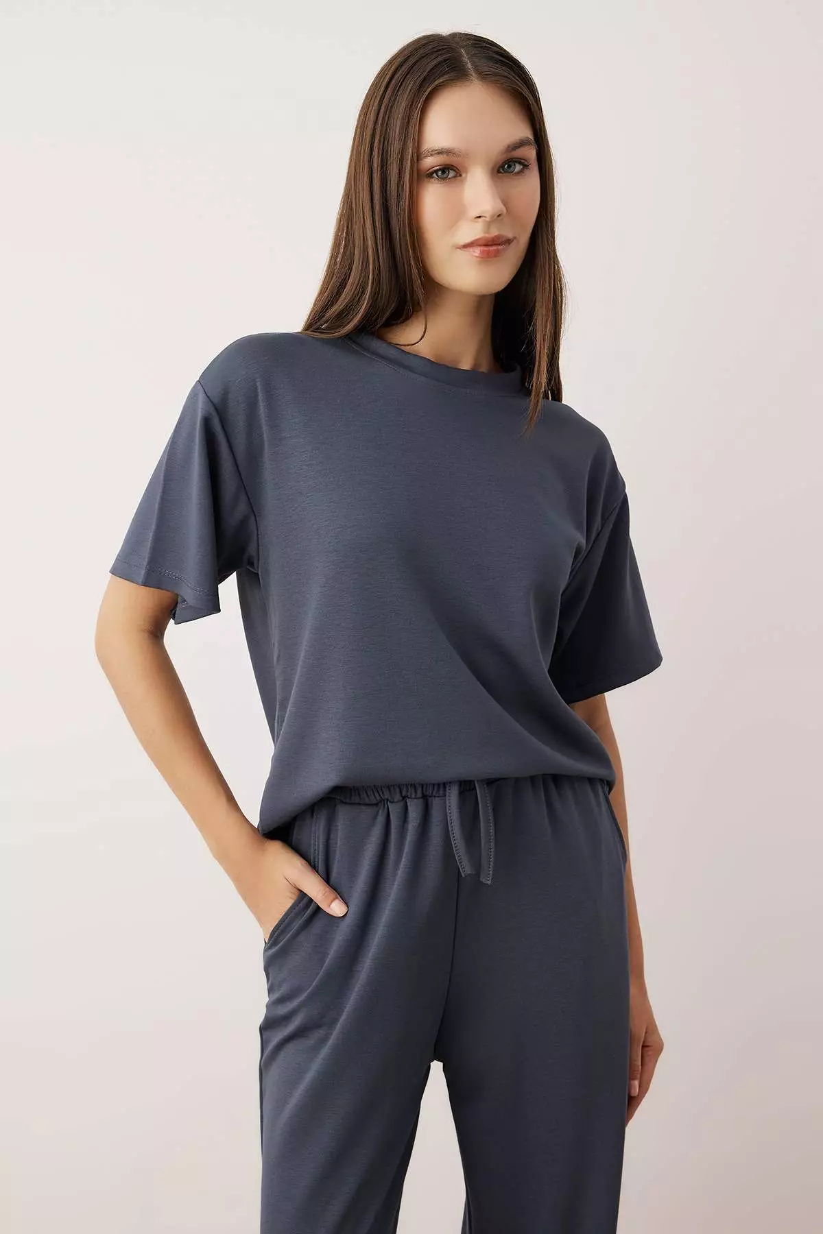 Anthracite Short Sleeve Crew Neck Relaxed/Comfortable Fit Flexible Knitted Bottom - Top Set Twoaw26Au84