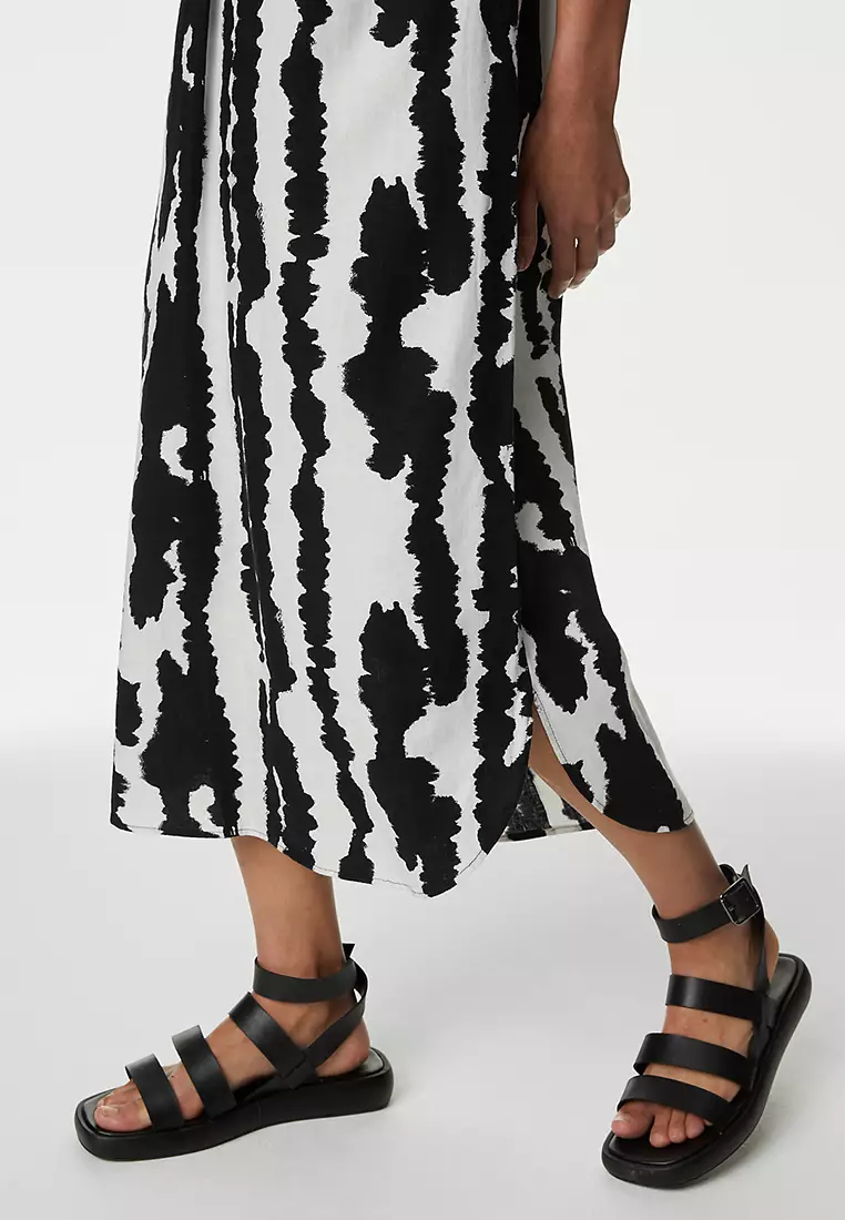 Linen Rich Printed V-Neck Midi Shift Dress