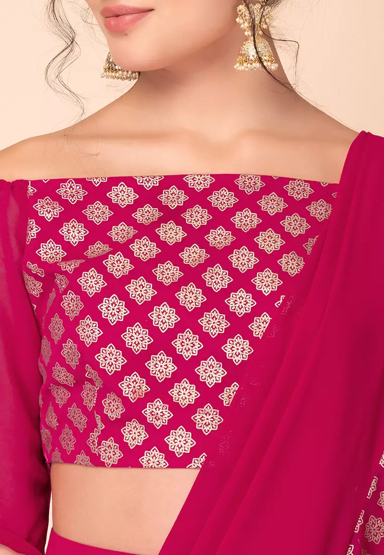 Pink Foil Print Ruffled Pre-Stitched Saree