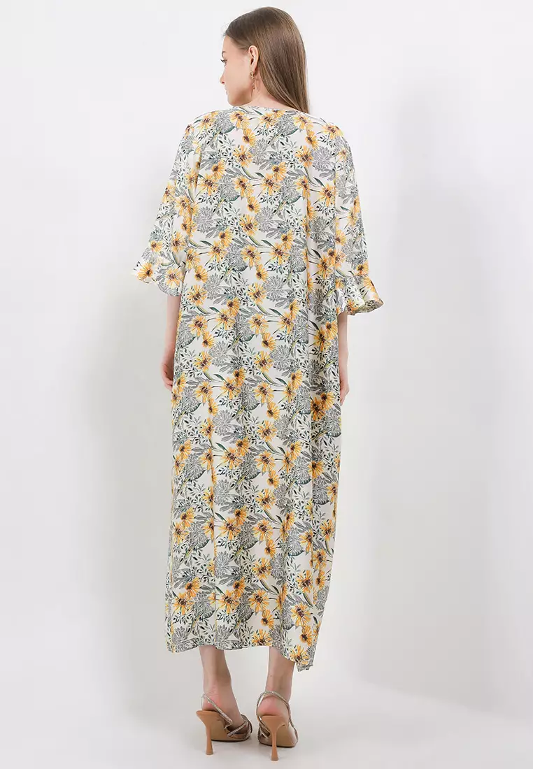 Ruffle Sleeve Printed Sateen Maxi Dress