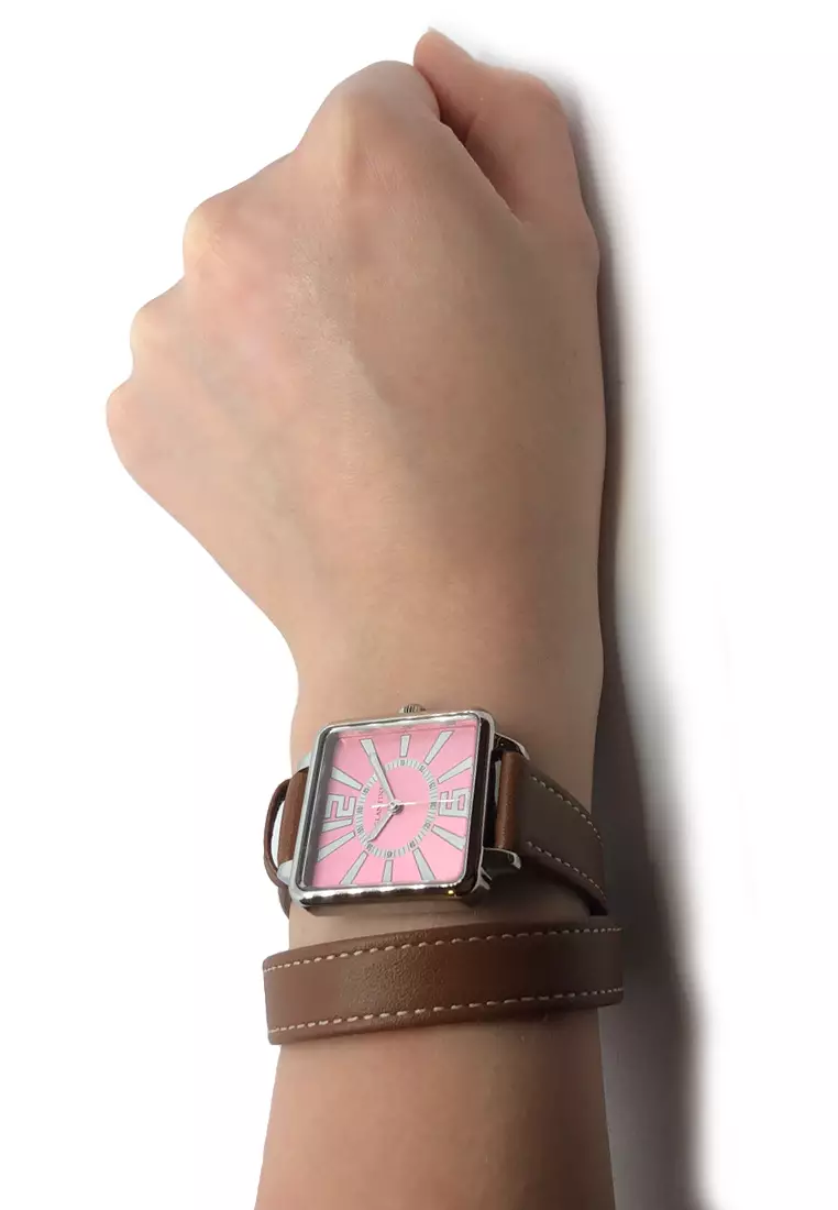 Zalora Exclusive - La Parisienne Steel Quartz Watch, Pink Dial on Brown Extra Long leather Strap