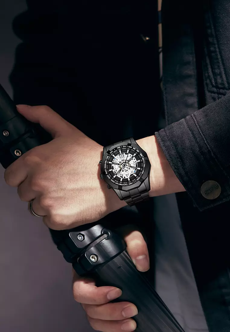 Jam Tangan Pria Original Calendar Luxury Bisnis Tali Stainless Steel Jam Tangan Cowok 9096 allblack