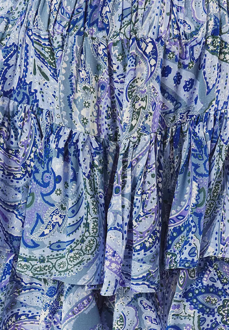 Blue Shawl Pattern Ruffle Waist Elastic Detail Woven Shorts