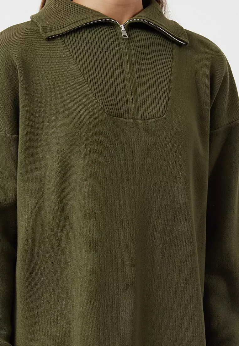 Green Comfortable Fit Zippered Collar Bsic Knitwear Dress TCTAW25EB00013