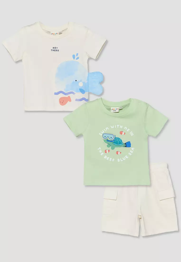 Babyshop Set Of 3 Juniors Crew Neck Short Sleeves T-Shirt And Shorts Set With Applique Detail