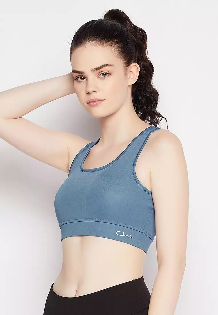 Clovia Medium Impact Padded Sports Bra in Stone Blue with Racerback