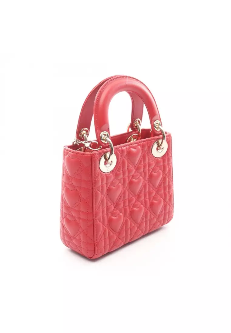Pre-Loved Christian Dior lady dior mini Heart Cannage Handbag leather Red 2WAY