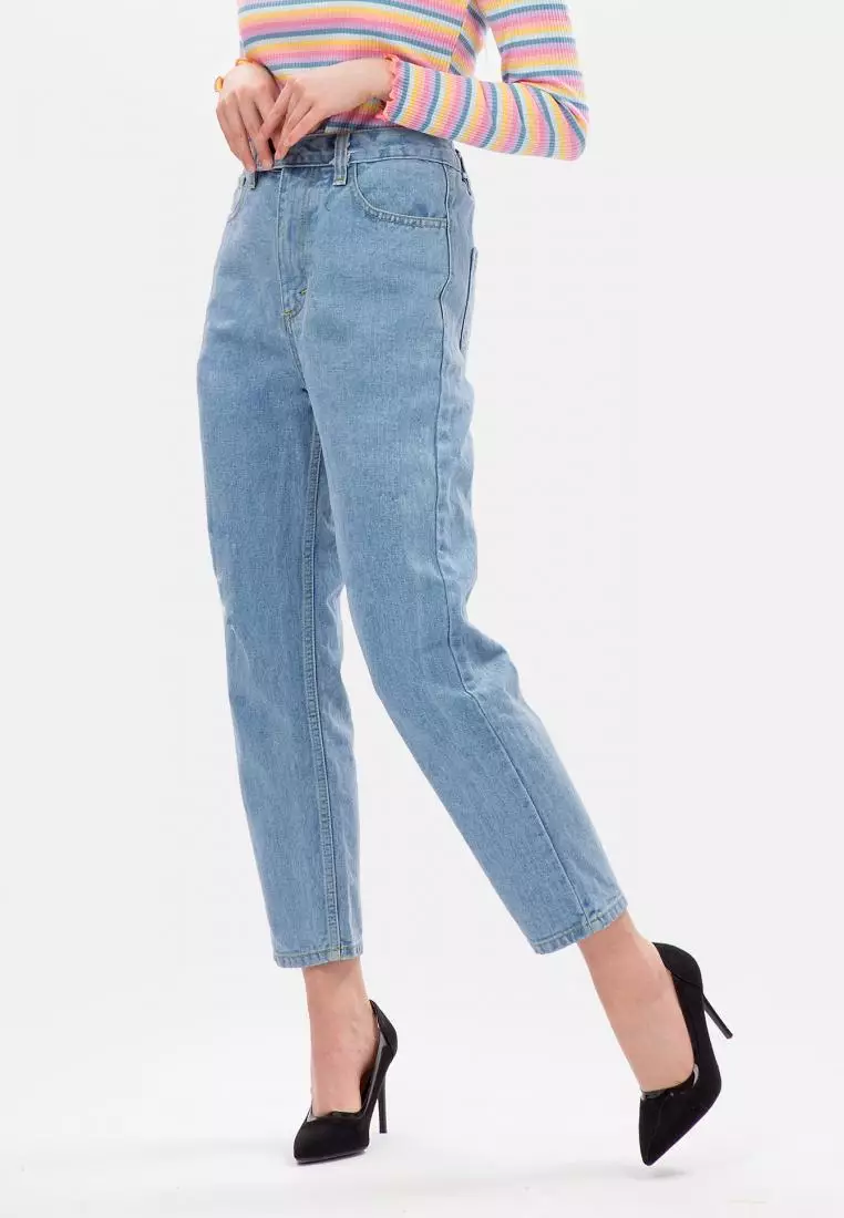 MKY New Boyfriend Jeans with Elastic Waist in Light Blue