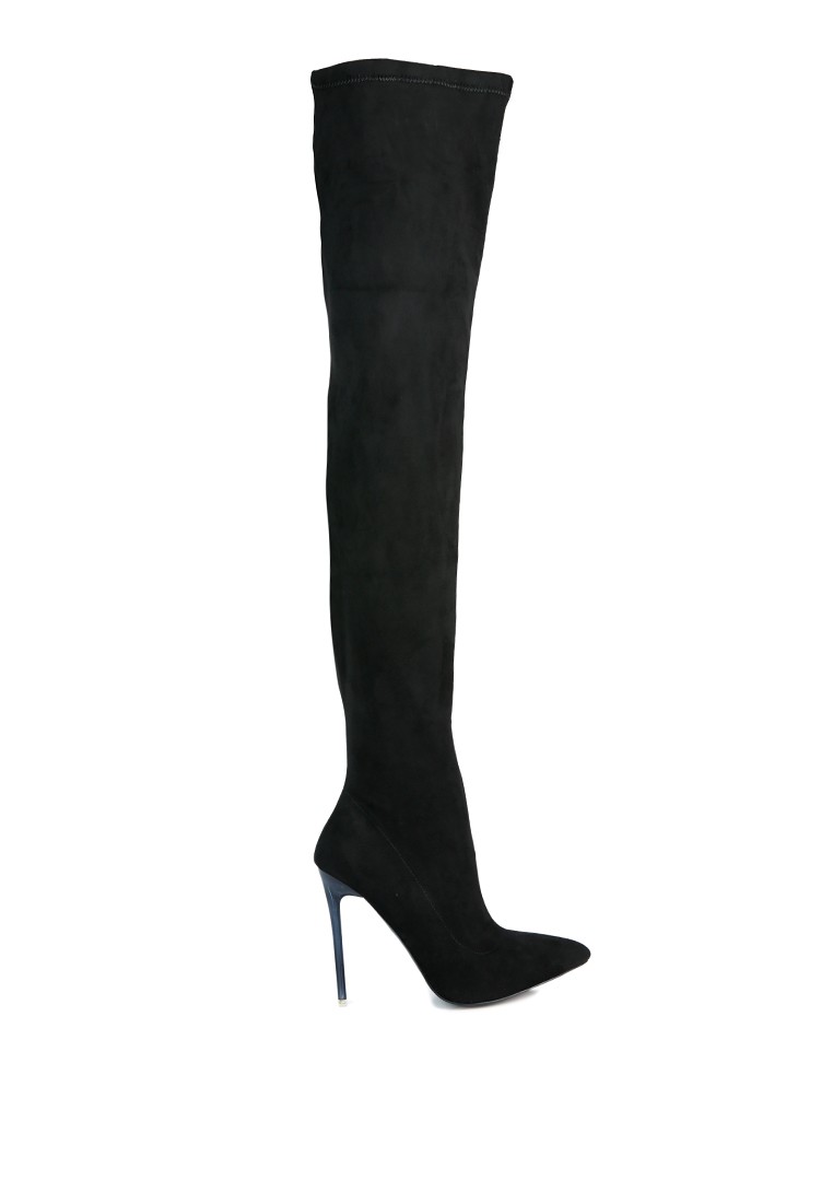 Black Stretch Faux Suede Stiletto Long Boots