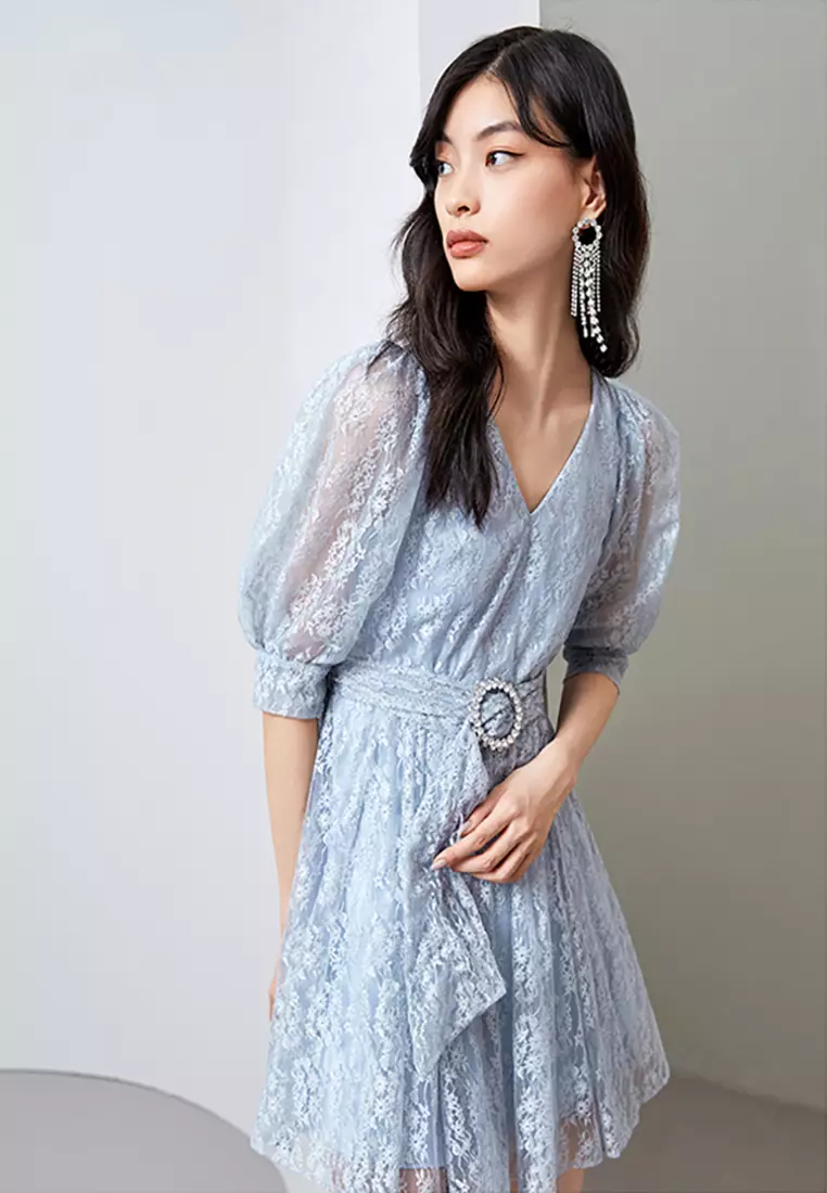 Blue Lace Lace Dresses Online Buy Hopeshow Lace Floral V-Neck Midi